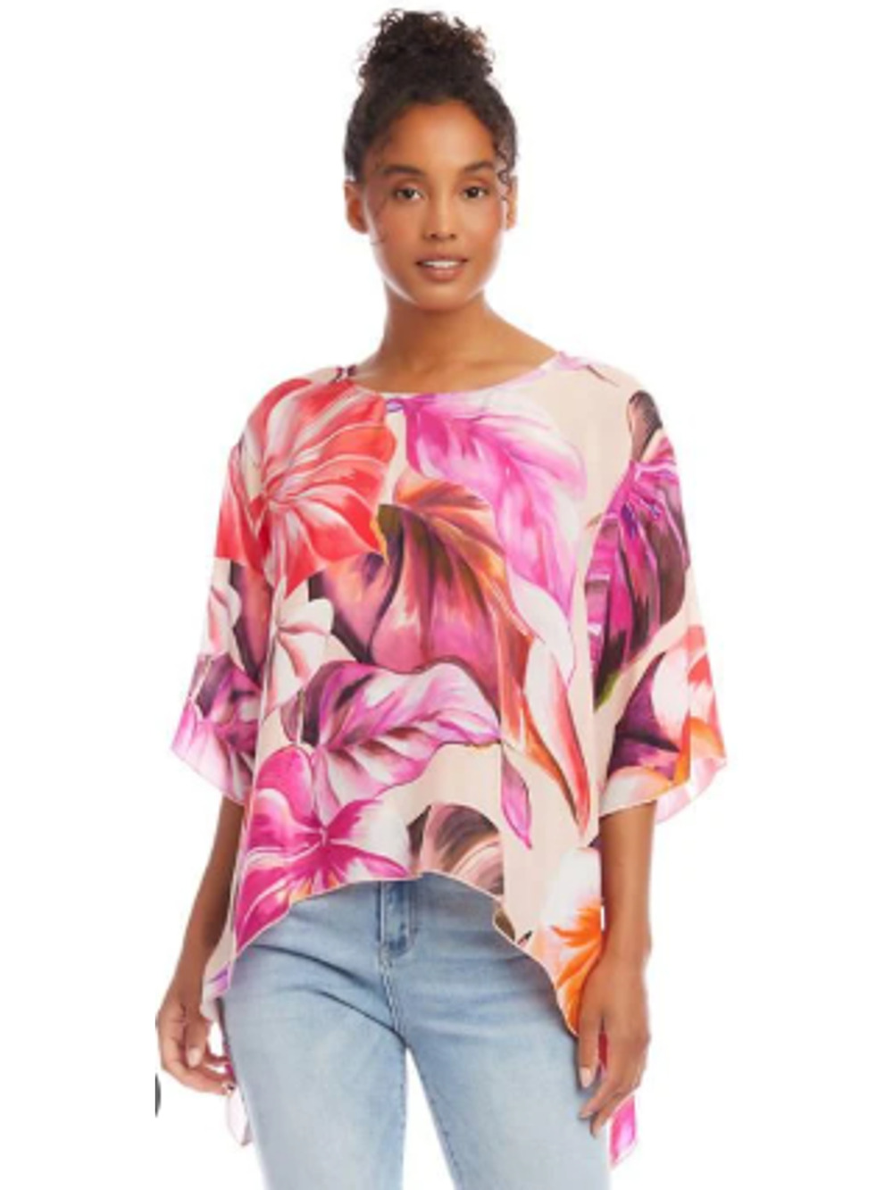 KAREN KANE TOP WOMENS SIZE XSMALL TROPICAL PRINT FLARE HEM BLOUSE PINK NEW